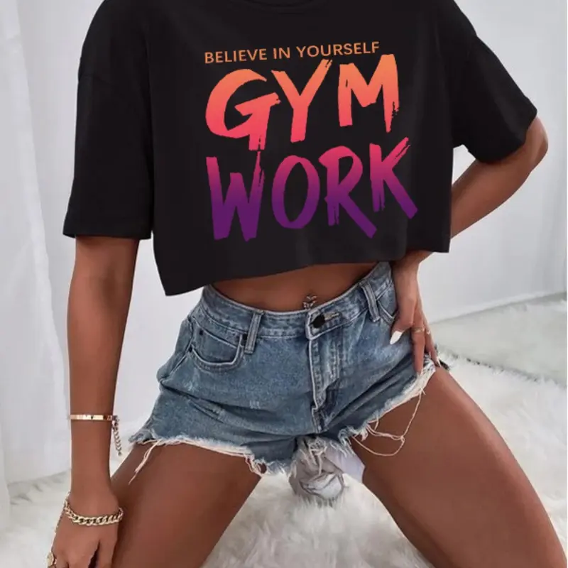 Women's Letter Print Drop Shoulder Crop Tee, Casual Fashionable Top, Casual Short Sleeve Round Neck T-shirt for Daily Wear, Ladies Clothes for All Seasons, Casual Printed