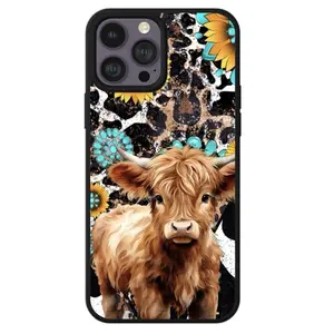 Highland Cow Turquoise and Leopard Western Print Phone Case for iPhone 16 15 14 13 12 11