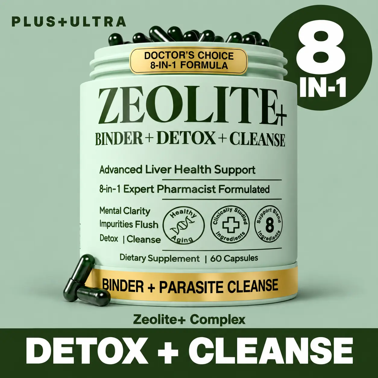Zeolite Detox 8-in-1 with Activated Charcoal, NAC & Milk Thistle – Daily Cleanse & Bloating Support – 60 Vegan Capsules