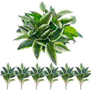 6PCS 15.75" UV Resistant Artificial Tropical Green Plants Fake Hostas Faux Green Leaf Stems for Porch Patio Balcony Garden Planter Indoor Outdoor Home Décor
