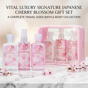 Vital Luxury Japanese Sakura Bath & Body Travel Set – 3oz Shower Gel, 3oz Body Lotion, 3oz Body Mist & 2.5oz Bath Salts | Silky Lather, All-Day Fresh Scent，Moisturize, Fragrance, Cherry |mini gift set  Ideal Gift for Mom, Wife, Sister & Girlfriend