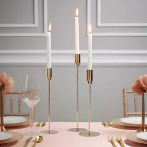 Set of 3 Gold Metal Taper Candle Stands 9", 10", 13" Round Solid Base - Decorative Centerpiece