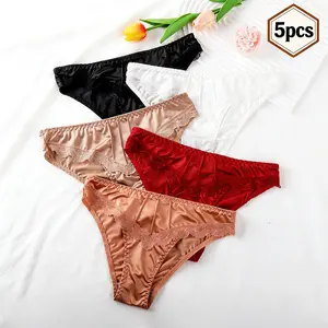 5 Pcs Women Underpants Low-waist Advanced Light Seamless Floral Lace Trim Silky Stretchable Panties Women Honeymoon Wedding Night Thong Womenswear Comfort
