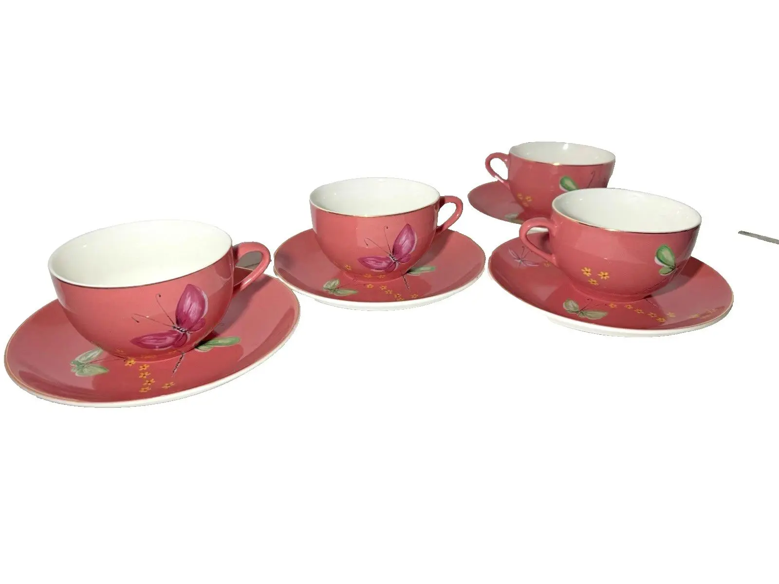 Lot Of 8 Anthropologie Dessert Plates and Tea Cups Pink Dragonflies & Butterfly
