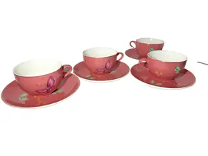 Lot Of 8 Anthropologie Dessert Plates and Tea Cups Pink Dragonflies & Butterfly