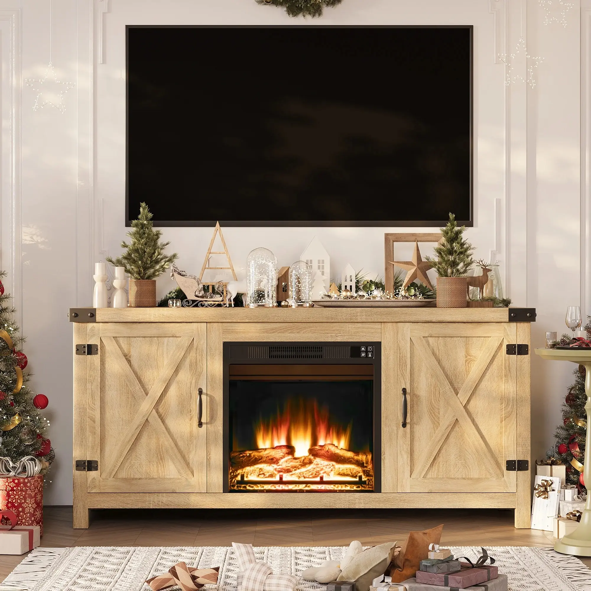 Furmax Farmhouse Fireplace TV Stand with 26" Electric Fireplace, Grooved Oak Sliding Barn Doors & Large Storage Cabinets, Rustic Media Console for Living Room, Fits 65" TV (Natural Oak)