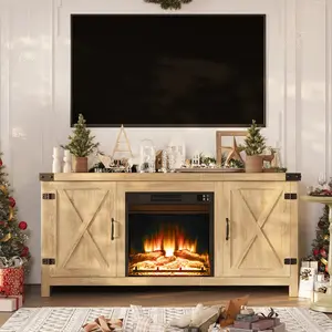Furmax Farmhouse Fireplace TV Stand with 26" Electric Fireplace, Grooved Oak Sliding Barn Doors & Large Storage Cabinets, Rustic Media Console for Living Room, Fits 65" TV (Natural Oak)