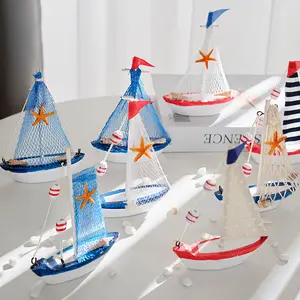 4-piece Set of Mediterranean Wooden Canvas Small Boat Model Ornaments Creative Online Store Photography Props Cake Decoration Sailboat