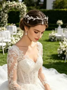 1Pc Luxurious Leaf Water Drop Rhinestone Bride Crown, Elegant Hair Band for Weddings, Formal Events, Party Gifts, Vintage Leaf Design