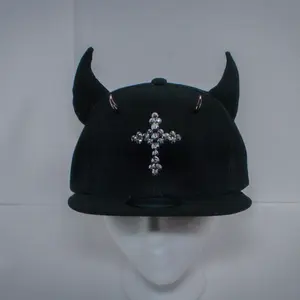 Devil Horn Rhinestone Cross SnapBack Hat with Black Color and Unique Design