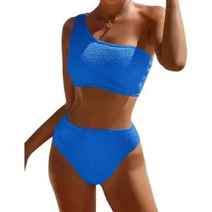 Women One Shoulder Bikini Set High Waisted Tummy Control Full Coverage Swimsuit Ribbed 2 Piece Bathing Suit 2025
