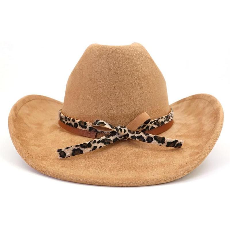 Classic Suede Cowboy Hat for Adult Wide Brim Western Cowgirl Hat Women Fedora Hat with Leopard Print Hatband