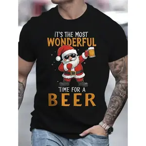 Men's Santa Claus Enjoying Beer Graphic Tee - Casual Round Neck Short Sleeve T-Shirt, Breathable Polyester, Summer Wear - For Men - Perfect for Casual Occasions & Summer - Great Gift for Christmas & Beer