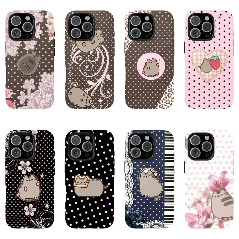 Kawaii Chubby Grey Cat Polka Dot Phone Case Cute Bread Cat Strawberry Lace Heavy Duty Tough Armor Protective Cover for iPhone 17 Pro Max - 7/ Aesthetic Soft Girl Case
