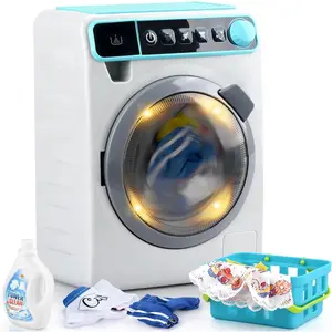Kids Toy Washing Machine Realistic Pretend Play Appliance for Girls Interactive Toy Dollhouse Furniture Play Washer and Dryer Playset with Spinning Drum Light & Sound Effects Laundry Basket Set