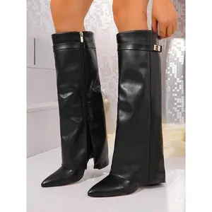 Women’s leather fold-over shark classic buckle high-top boots, pointed toe boots, fashionable design for trendy women, durable comfortable shoes