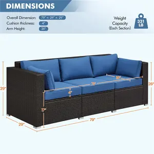 [2 Packages Delivery]Yaheetech 3-Seater Patio Wicker Sofa with Cushions, Outdoor Rattan Couch with Deep Seat & Protective Cover & Throw Pillows for Deck/Porch/Balcony/Yard, Brown/Dark Blue,