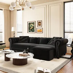 Reversible L-Shaped Chesterfield Sofa,89" W 3-in-1 Pull-Out Sofa Bed,Convertible Sleeper Sofa Bed,King Size sofa Bed,Chaise Lounge,Velvet 3-Seater Sofa with Movable Ottoman,Tufted Design living room furniture