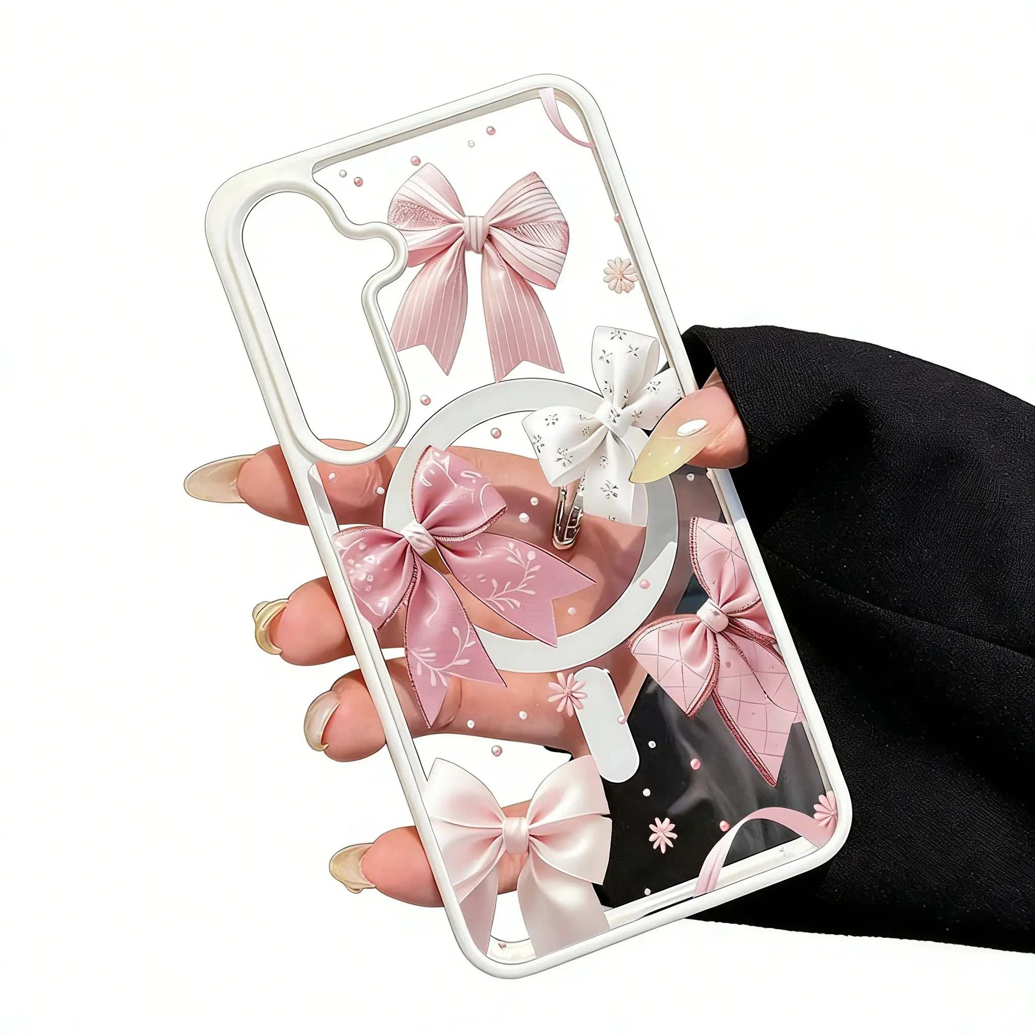 Magnetic Silicone 1.2mm Phone Case with Bow Print & Shockproof Lip for Samsung Galaxy S22+, S23 FE Ultra, S24 Plus, S25 Ultra - Durable TPU Protection, Anti-Scratch, Non-Slip, Stylish Smartphone Accessory, Phone Cover, Protective