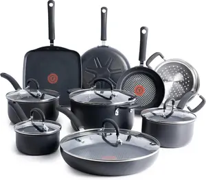 T-fal Ultimate Hard Anodized Nonstick Pots and Pans Set 14 Piece, Oven Broiler Safe 400F, Kitchen Cooking Set w/Fry Pans, Saucepans, Griddle, Dutch Oven, Dishwasher Safe, Cookware, Black
