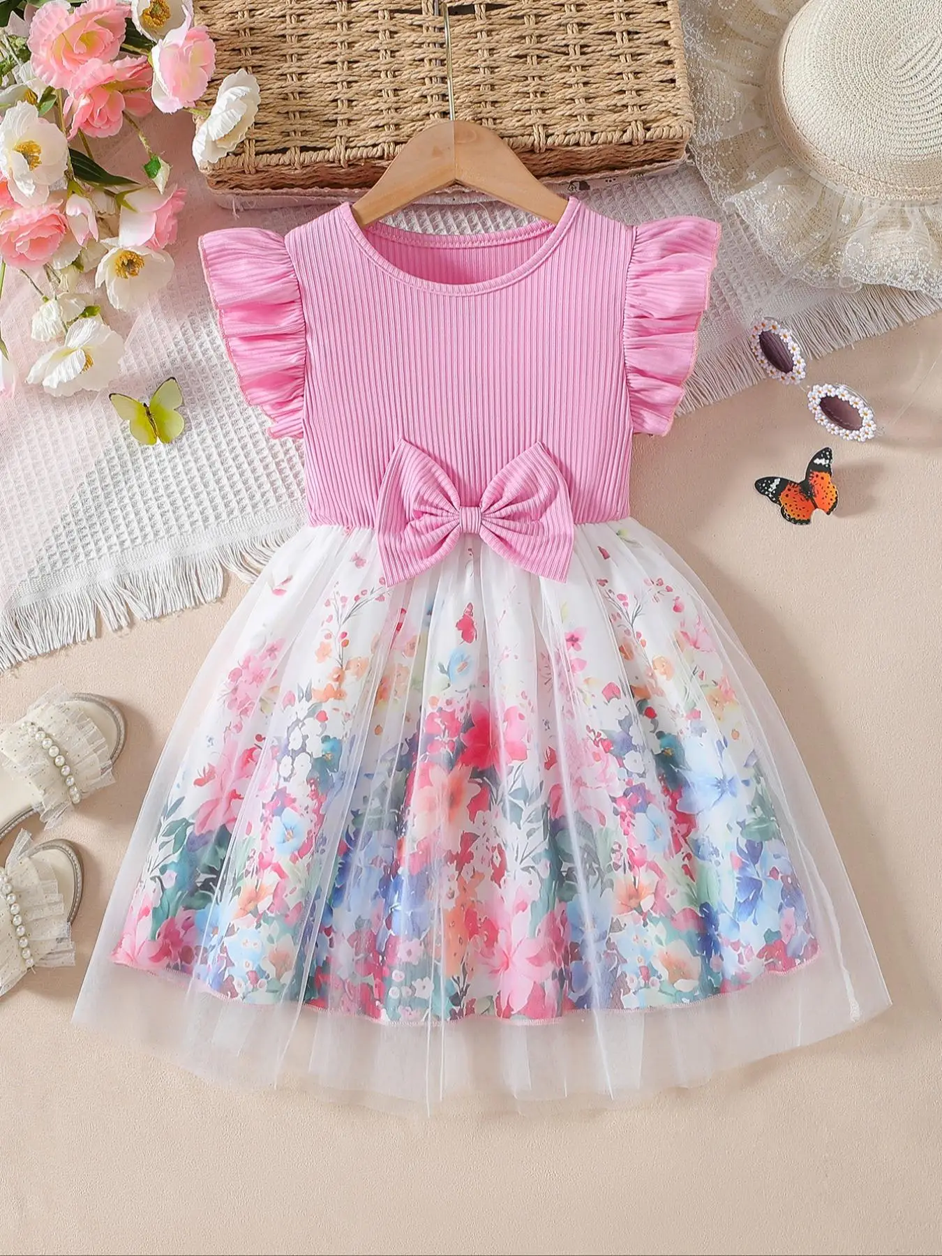 Girl's Floral Print Bow Decor Contrast Mesh A Line Dress, Elegant Butterfly Sleeve Round Neck Dress for Party Holiday Wedding Guest, Kids Summer Cloth