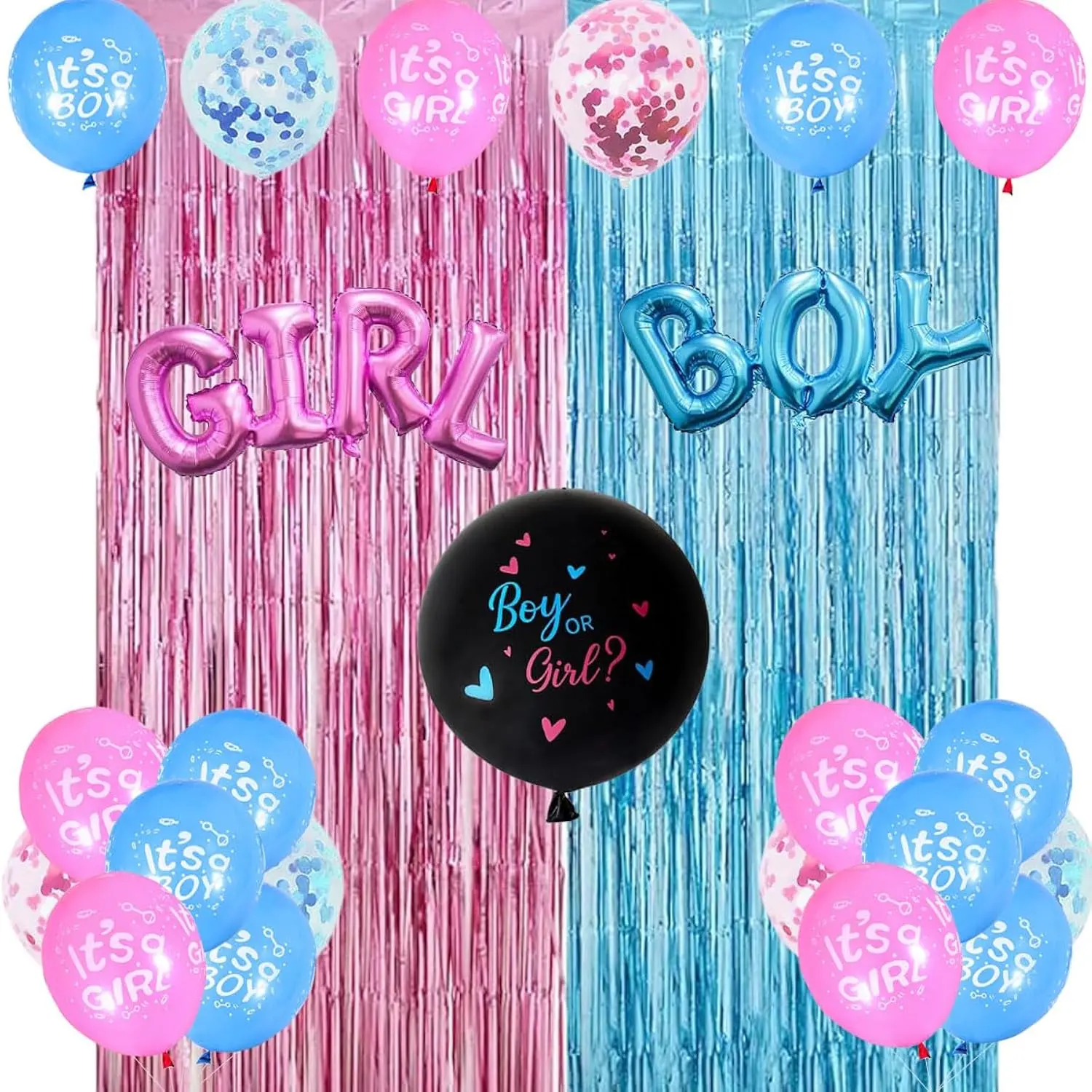 Pink & Blue Gender Reveal Balloon Decoration Kit with Fringe Curtain Backdrop for Parties