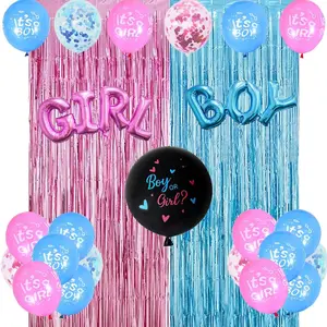 Pink & Blue Gender Reveal Balloon Decoration Kit with Fringe Curtain Backdrop for Parties