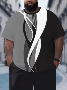 【Plus Size】 Men's Regular Fit Curve Print Tee, Casual Short Sleeve Crew Neck T-shirt for Outdoor Daily Wear, Men's Top for Summer, Athletic Fashion Activewear