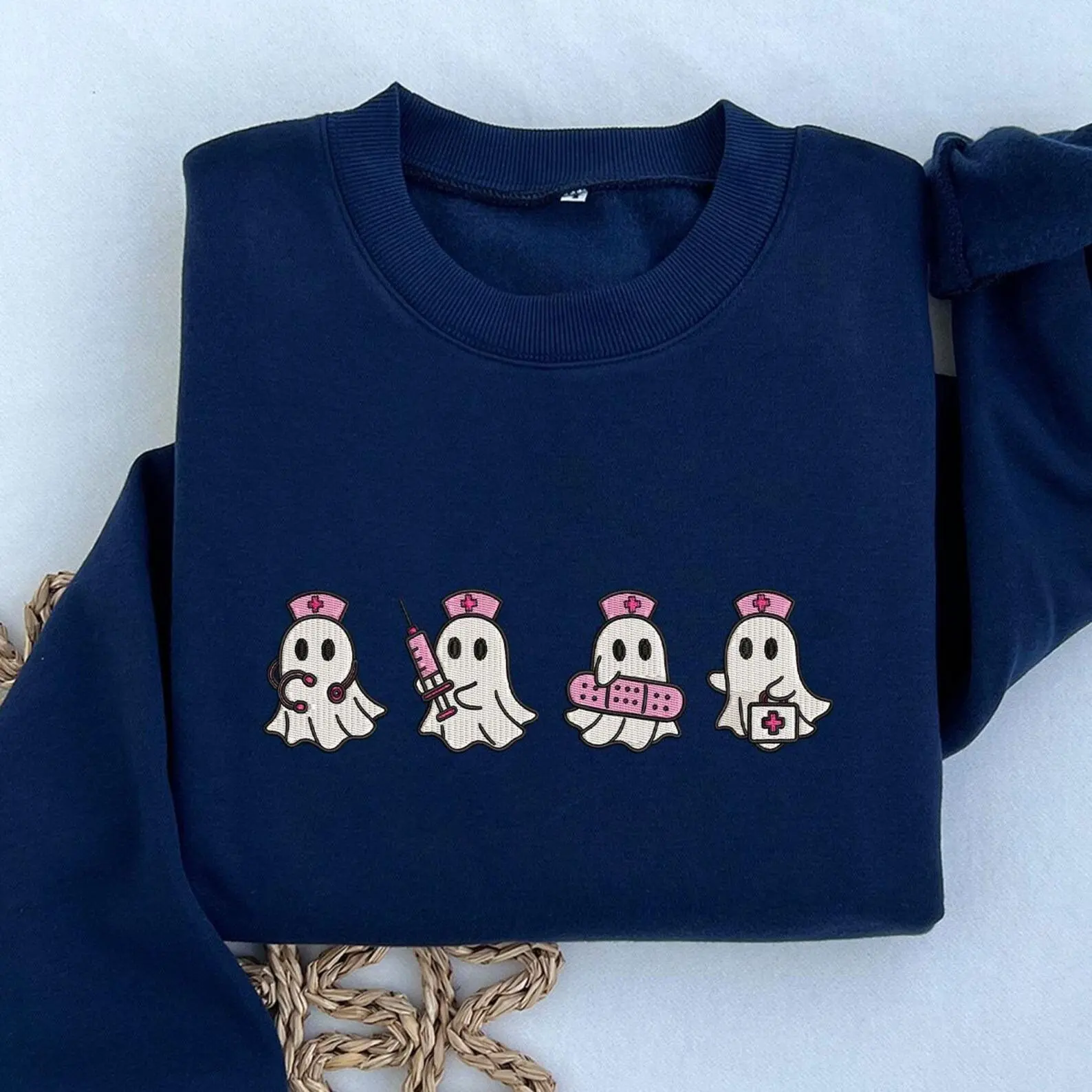 Ghost Nurse Embroidery Sweatshirt, Boo Boo Crew Cute Medical Halloween, Pink Nurse Hat Ghost with Syringe Bandage First Aid Sweater
