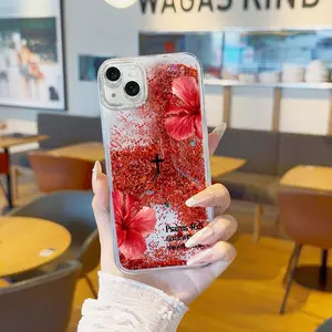 Suitable for [iPhone 15 Plus] Premium liquid glitter phone case featuring a vintage floral cross aesthetic and the Bible verse Psalm 46:5; offers drop protection—an ideal religious-themed birthday gift for her! JS996