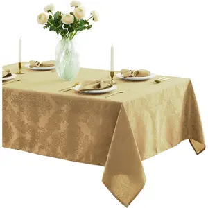 Newbridge Barcelona Damask Fabric Tablecloth - 60x144 in Rectangle, Gold, Traditional Decor, No-Iron, Soil-Resistant Cover for Dining, Parties