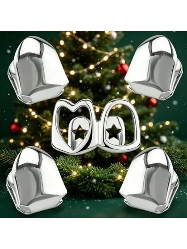 Gold Plated Removable Christmas Hip Hop Grillz Full Set - Hollow Heart Star Upper Grillz + 4Pcs Bottom Caps (5 Pieces Total), Punk Decor, Party Wear Cosplay Dental Jewelry for Holiday Events, Five Pieces