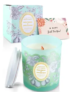 Pear Freesia and English Rose Wood Wick Candle, 10.6 Oz Soy Scented Candle, Calming Aromatherapy Candle Gift for Men and Women, Long Lasting Candle for Home and Office Unisex Fragrance