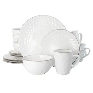 212 MAIN Medici Pearl 16-Piece Stoneware Tableware Set for 4, Luxurious Elama EL-MEDICIPEARL Slate & Stone Pearl Line with 12oz Coffee/Tea Cups, Glossy Dinner Plates, and Bowls