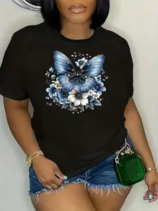 Plus Size - Women'S Plus Size Black T-Shirt with Blue Butterfly & Floral Design - Casual Short Sleeve, Round Neck, Medium Stretch, Spring/Summer Fashion, Butterfly Shirt