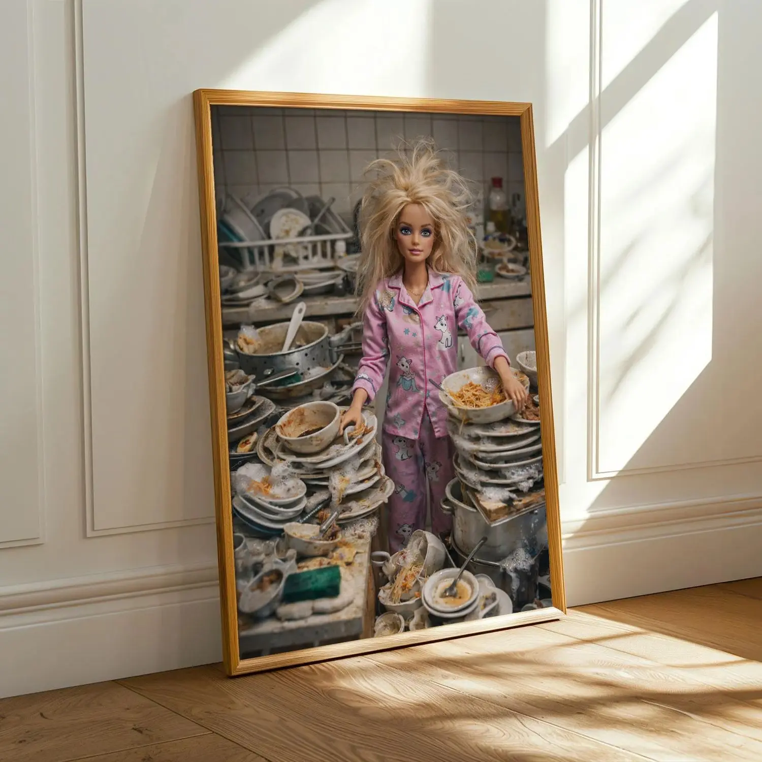 [25% OFF] [UNFRAMED] Relatable Messy Kitchen Barbie Poster, Funny Messy Hair Doll Washing Dishes Wall Art, Exhausted Adult Life Meme Unframed Paper Print Decor