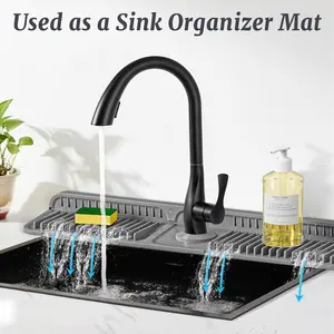 Oblong Silicone Sink Faucet Mat, Foldable Splash Guard with Drainage Design and Button Lock, Kitchen Sink Protector Pad, Anti-Mess Home Supplies Household Cleaning Accessory