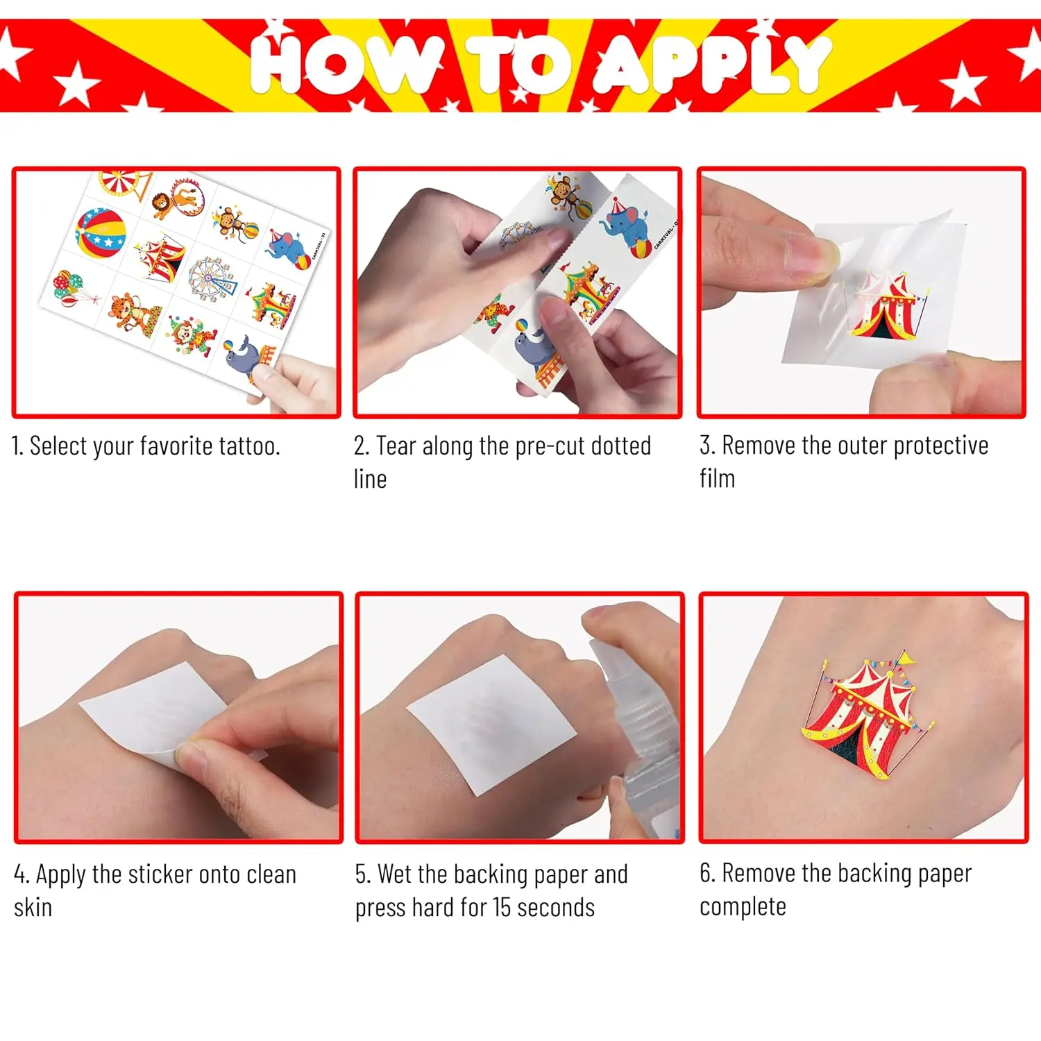 120 PCS Carnival Circus Clown Pre-Cut Temporary Tattoos for Kids | | Super Cute Themed Birthday Party Favors, Supplies, Decorations, Animal Fake Tattoo Stickers, Gifts for Boys Girls