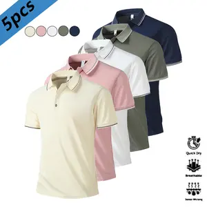 Men's 5-piece Quick-Dry Polo Shirts Set Casual Short-Sleeve for Golf Tennis Equestrian Wear Stylish Athletic Apparel with Color-Block Collar & Cuff Designs