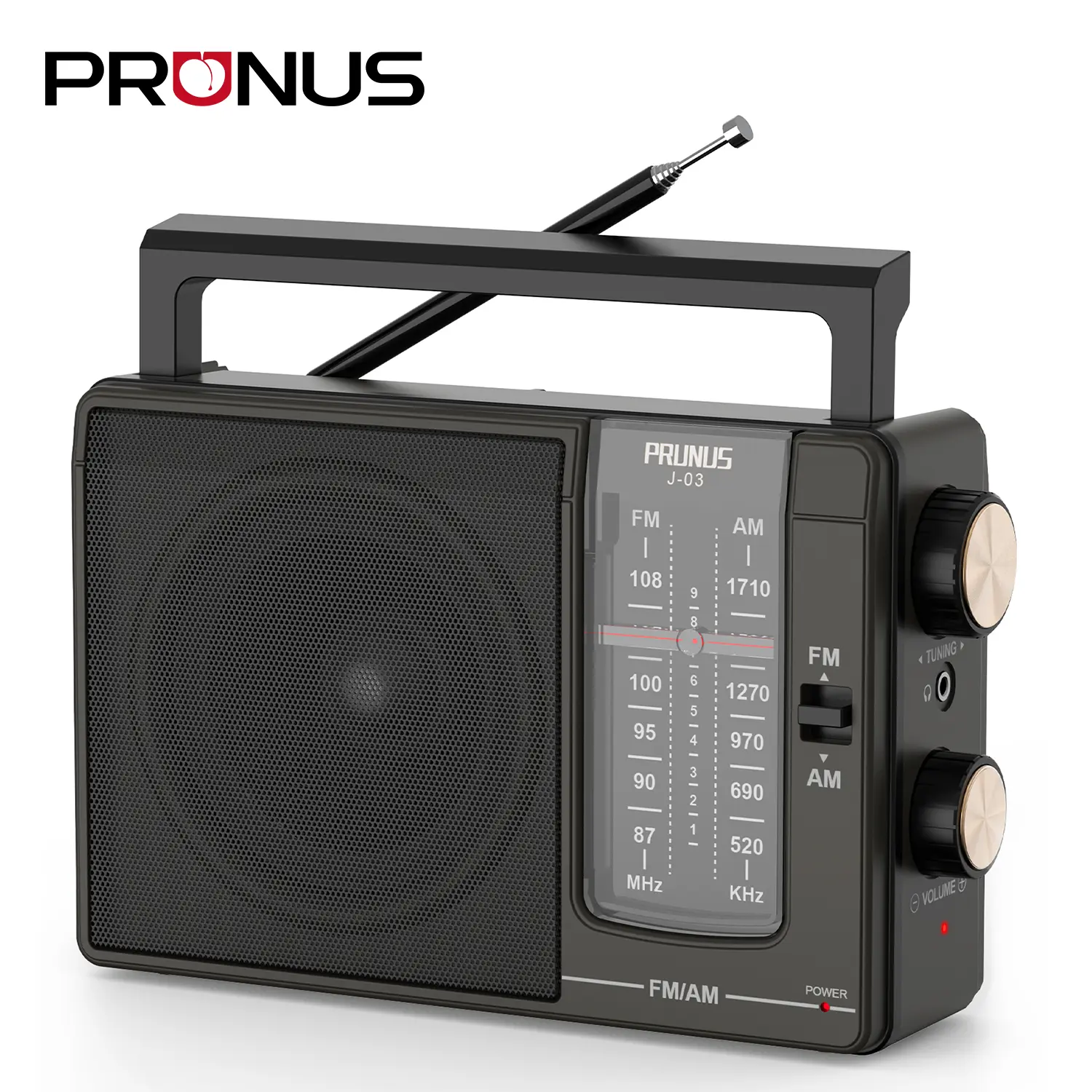 PRUNUS J-03 AM FM Radio Portable Plug in Wall or AA Battery Operated for Home/Outdoor, Large Speaker Excellent Sound and Reception, Large Tuning Knobs, Gifts for Seniors, No,Internet Radio/Shower Radio