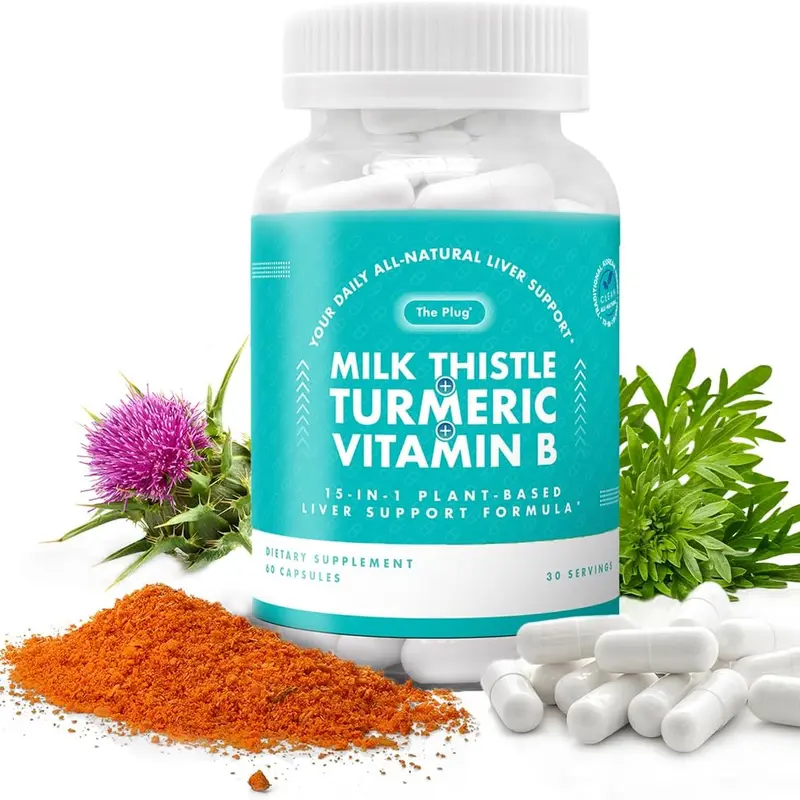 The Plug Pills Jar - Gut and Cholesterol Support | Caffeine Free, NON GMO and Gluten-Free | Korean Herbs 15-in-1 Advanced Formula with Milk Thistle, Turmeric, Dandelion and B Vitamins | Vegan and Plant-Based | 2 Servings = 4 Capsules Daily