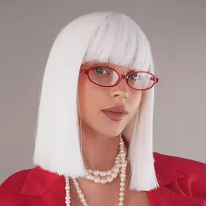 Short White Bob Wig with Bangs 12inch Synthetic Straight Shoulder Length Wigs for Women Girl Silver White Natural Looking Heat Resistant Glueless Hair Wig for Party Anime Cosplay Halloween Daily Use