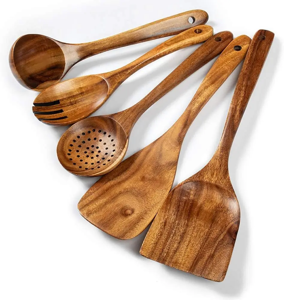 5-Piece Acacia Wood Cooking Utensil Set for Nonstick Pans – Includes Soup Ladle, Wok Spatula, Salad Fork & Spurtles