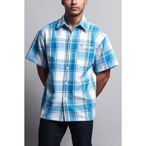 Western Casual Plaid Short Sleeve Button Up Shirt (White/Turquoise)