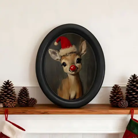 Vintage Christmas Hat Reindeer Wall Decor, Home Decor Ornament, Festive Decoration, Gothic Victorian Style 3D Painting, Handmade Photo Transfer Print, Perfect for Halloween & Xmas