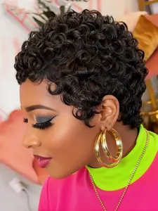 Rose Curly Human Hair Pixie Wig, 6 Inch Curly Wave Hair Pixie Cut Wig for Women, Full Machine Made, Perfect for Parties