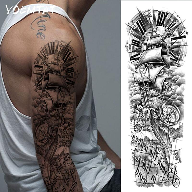 Large Full Arm Sleeve Waterproof Realistic Tattoos Temporary Tattoo Sticker Black Pirate Ship Compass Anchor Clock Compass Feather Text Word Sentence Tribe Totem Design Fake Tatoo Body Art Tatto Men Women Leg