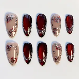 Burgundy Nails/Dark Red Cat Eye Nails/Red Rose Nails/Fall Nails/Fall Press on nails long almond nails/3D Silver Chrome Nails/Bling Nails