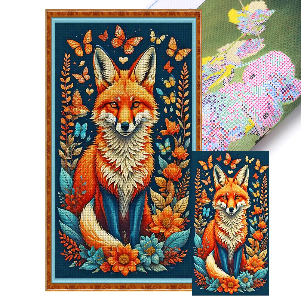 14CT Fox Motif Cross Stitch Kit, Full Embroidery Eco-Cotton Thread Kit, Handmade Gifts for Embroidery Craft Enthusiasts, 40x70cm