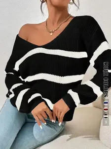Women's Striped Print Drop Shoulder Sweater, Casual Long Sleeve V Neck Jumper for Fall & Winter, Cozy Fall Outfits for Women, Casual Chic Knitwear